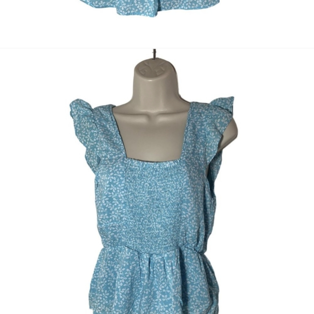 Blue Flutter Sleeve V neck shirt